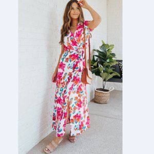 Floral Tie Waist Surplice Maxi Dress